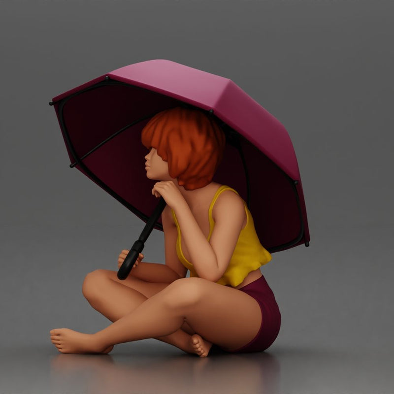 Girl with orange hair holding umbrella sitting in thoughtful pose - Only-Games