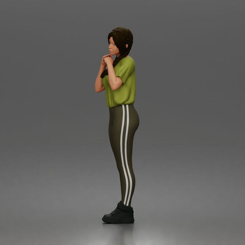 Shy casual woman standing pose in t shirt leggings sneakers - Only-Games