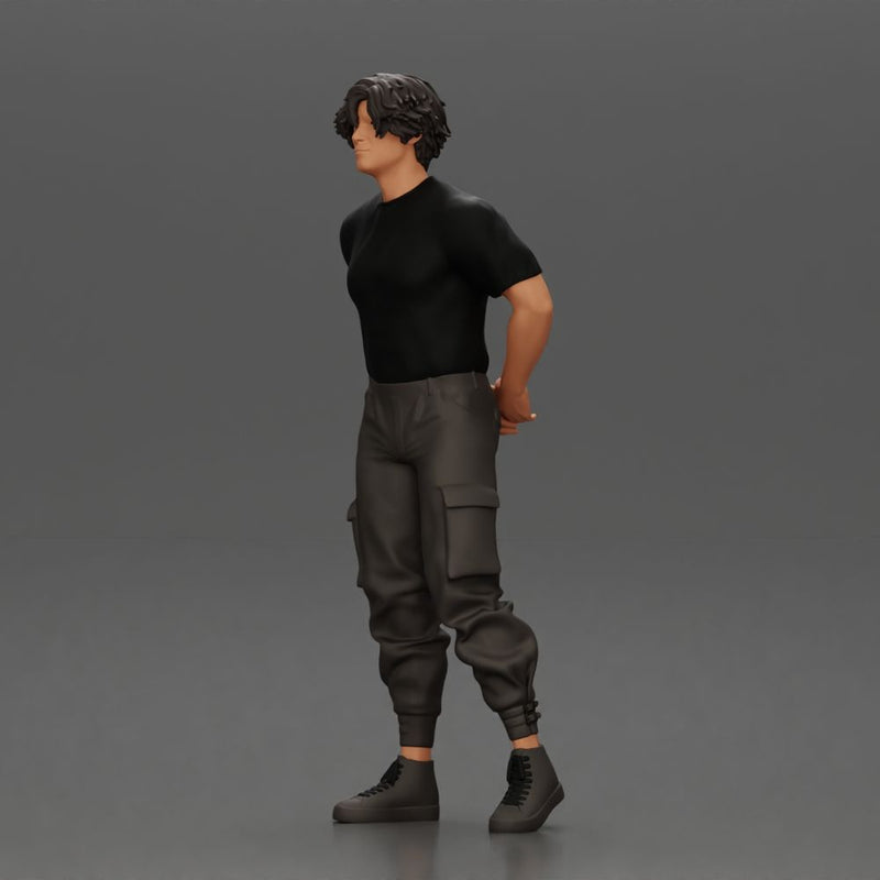 Man with messy hair wearing black shirt and cargo pants - Only-Games