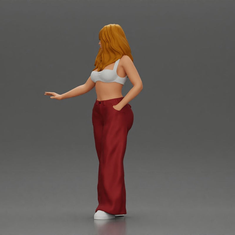 Chola style woman white top red baggy pants posing. - Only-Games
