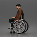 old man sitting calmly in a wheelchair, wearing a coat and a casual outfit