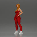 woman in red bodysuit striking a fashionable pose with sneakers - Only-Games