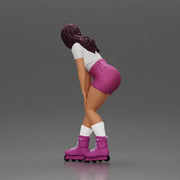 woman skating forward in pink shorts white top and purple skates - Only-Games