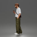 Casual Coffee Drinker Posing with Shoulder Bag Cargo Pants Sneakers