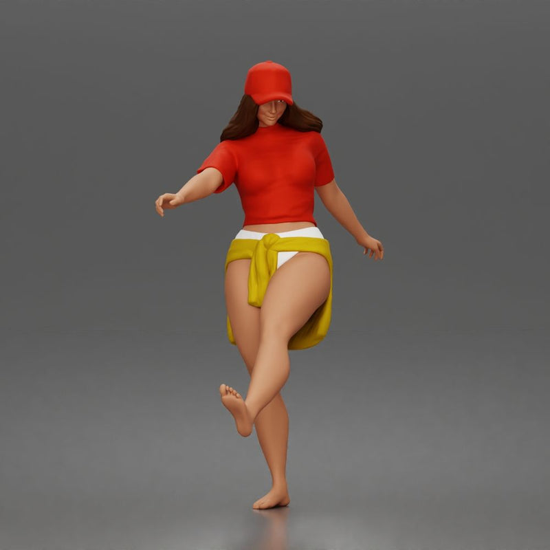 Surfer woman practices balancing in her shirt cap and skirt - Only-Games