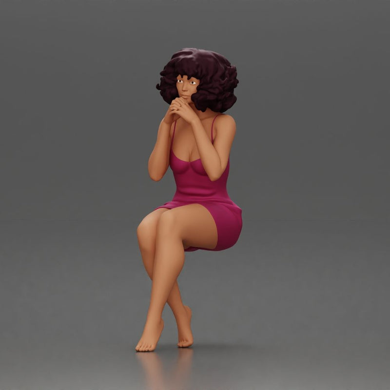 Woman in Pink Dress Sitting with Hands on Chin - Only-Games