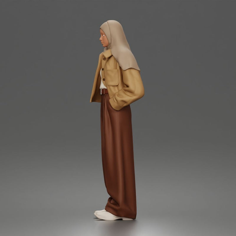 Relaxed Hijab Stander Posing in Jacket Shirt Pants and Sneakers