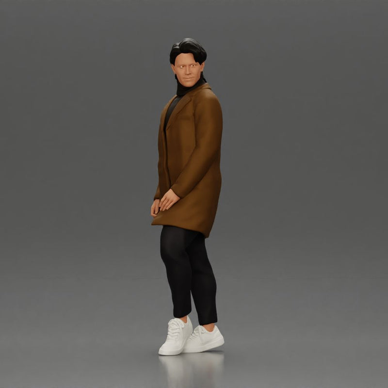 Man in brown coat glances sideways dressed in stylish winterwear - Only-Games