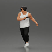 Gangster Man in Beanie Sunglasses Tank Pants Sneakers Running with Gun - Only-Games