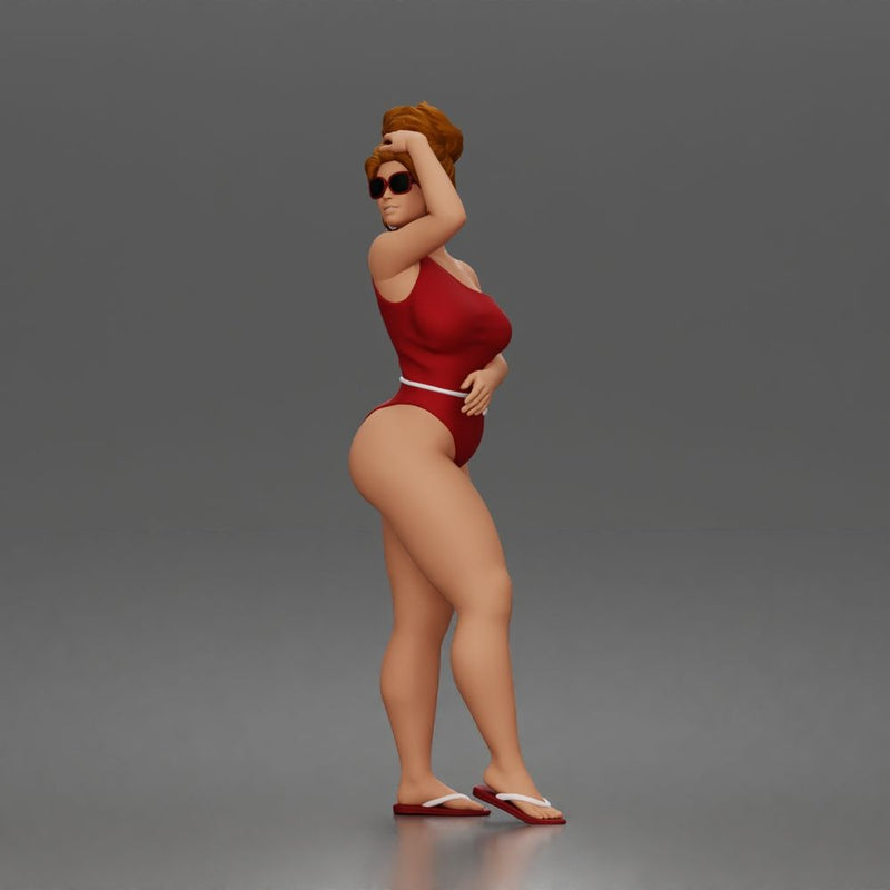 Standing woman shields eyes wearing swimsuit sunglasses earrings flip flops