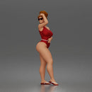 Standing woman shields eyes wearing swimsuit sunglasses earrings flip flops