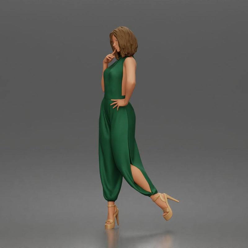 Woman poses thoughtfully lifting heel wearing halter jumpsuit with platform heels - Only-Games
