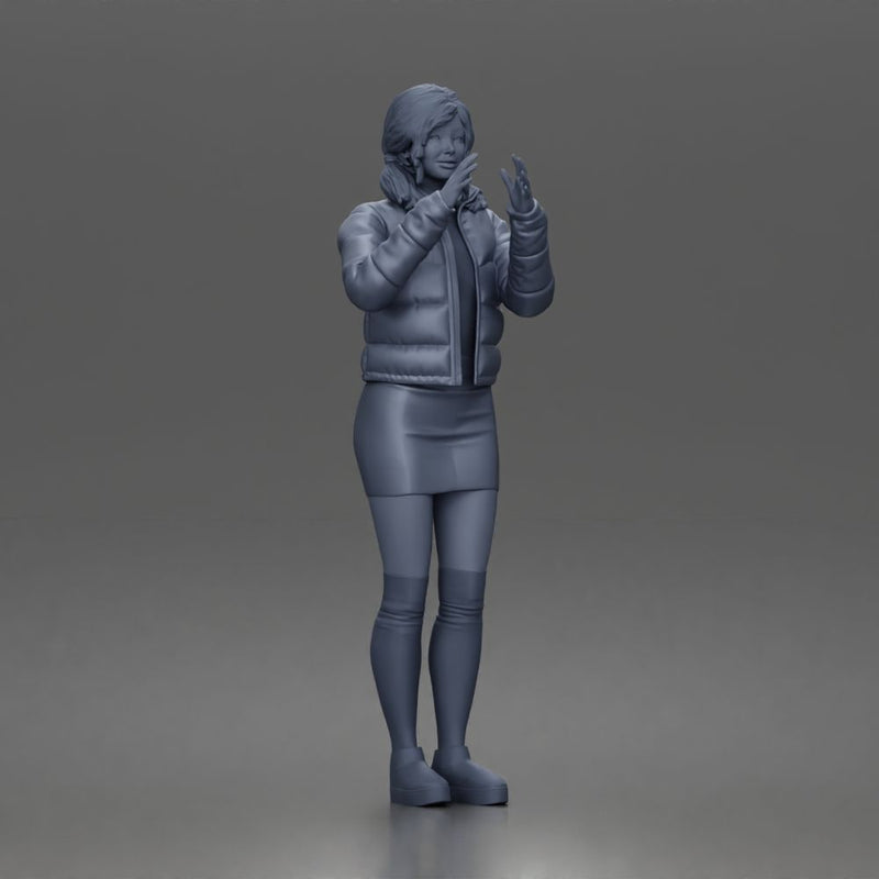 woman In Puffer Jacket With Mini Skirt Thigh-Highs And Boots