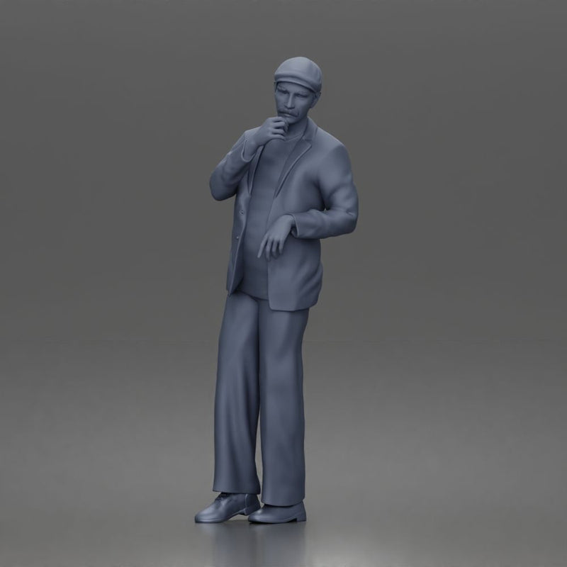 Pensive gentleman twirls mustache wearing cap blazer relaxed trousers polished shoes - Only-Games