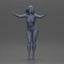 Woman with short black hair wearing pink swimsuit raising arms - Only-Games