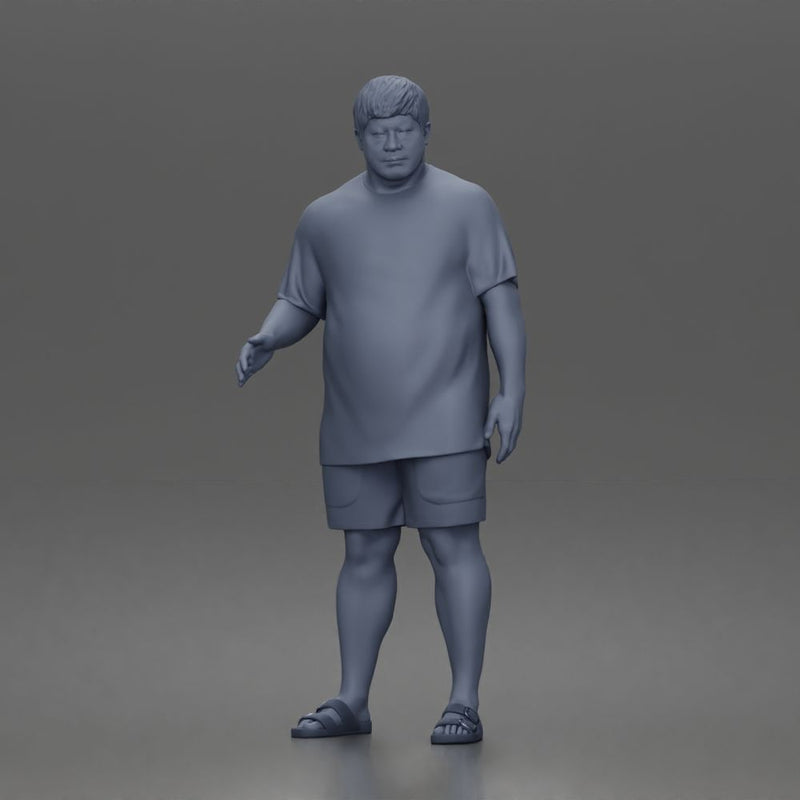 Relaxed asian man character walking pose in t shirt shorts sandals outfit - Only-Games