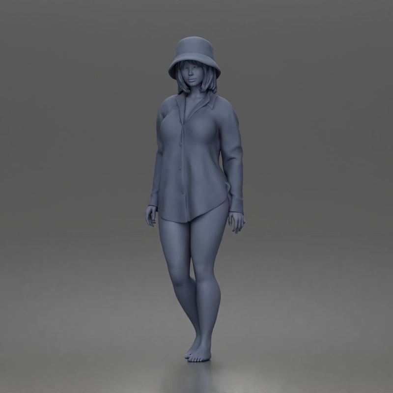 Standing woman In Oversized Button-Shirt With Bucket Hat Barefoot