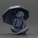 Girl with orange hair holding umbrella sitting in thoughtful pose - Only-Games