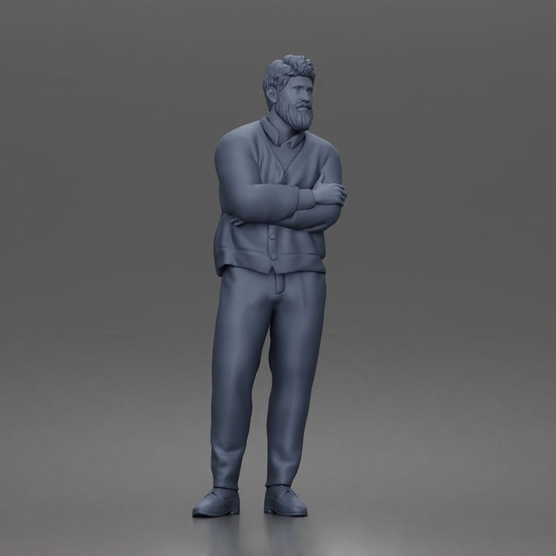 Man Standing Calmly in Casual Cardigan and Dress Pants