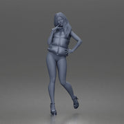 Woman poses flirtatiously wearing puffer vest bikini bottoms heeled sandals - Only-Games