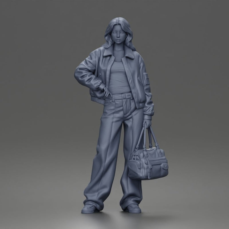 Confident Hand On Hip Poser Holding Bag Jacket Pants Sneakers