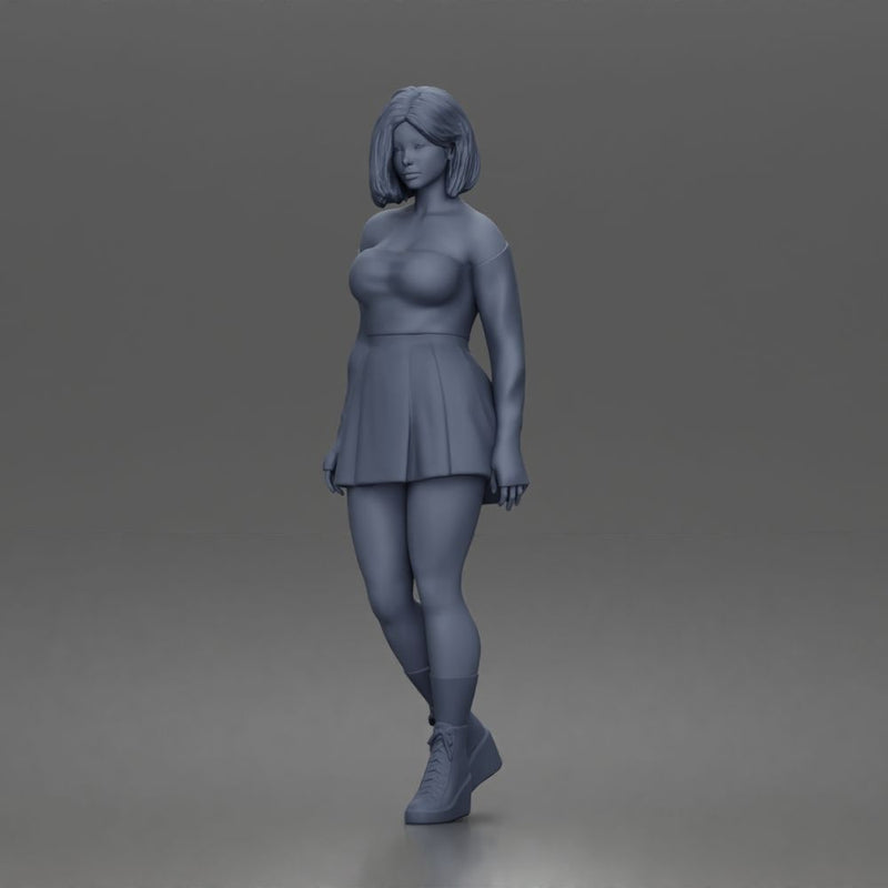 Trendy young woman character standing pose in off shoulder top skirt outfit - Only-Games