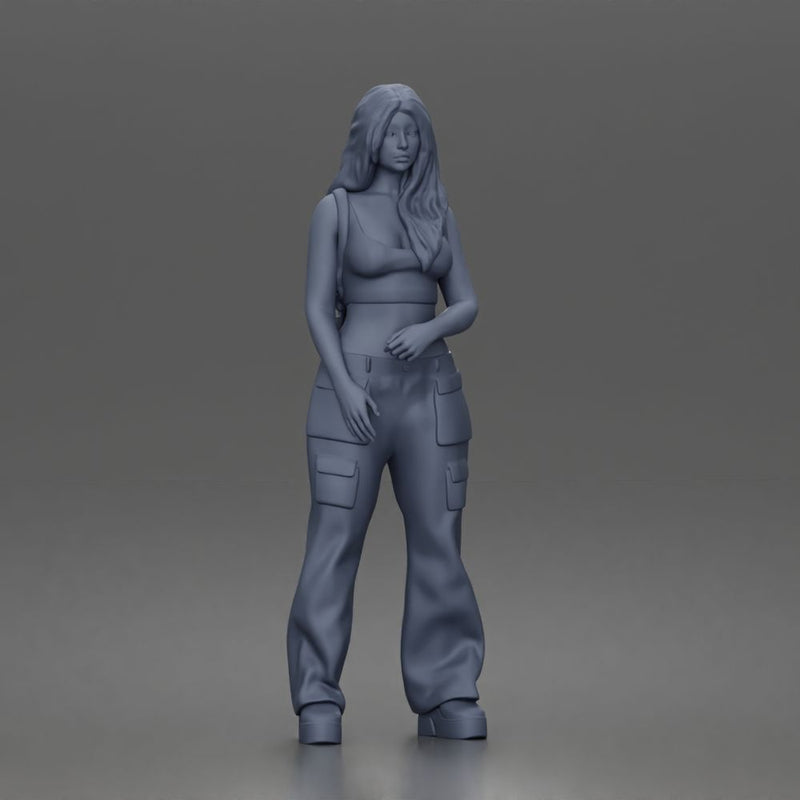 Woman strolls wearing crop top cargo pants bunny backpack sneakers - Only-Games