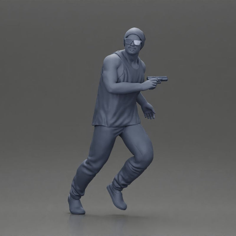 Gangster Man in Beanie Sunglasses Tank Pants Sneakers Running with Gun - Only-Games