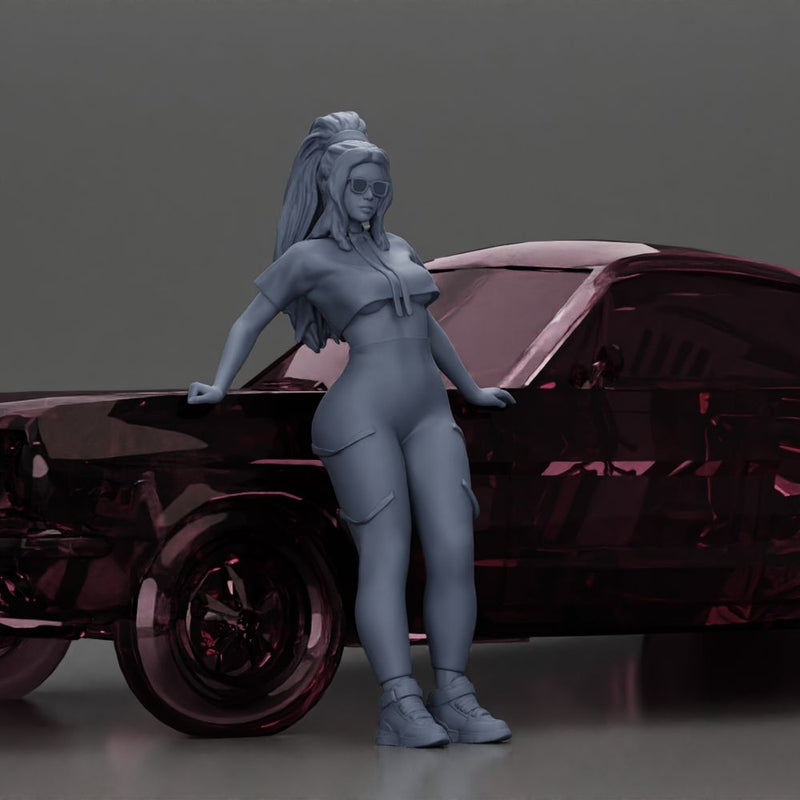 Confident woman in purple sportswear and sunglasses leaning on the car stylishly - Only-Games
