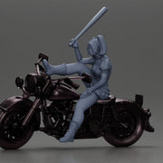 woman in red outfit sitting on a motorcycle holding a baseball bat - Only-Games