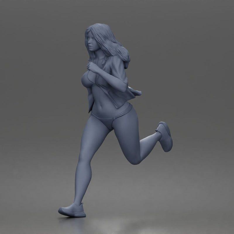 Running woman wearing bikini top and open shirt with sneakers sprinting - Only-Games