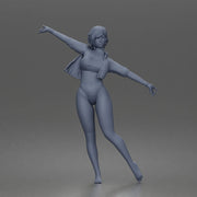Woman dances balancing wearing crop top jacket bikini bottoms barefoot - Only-Games