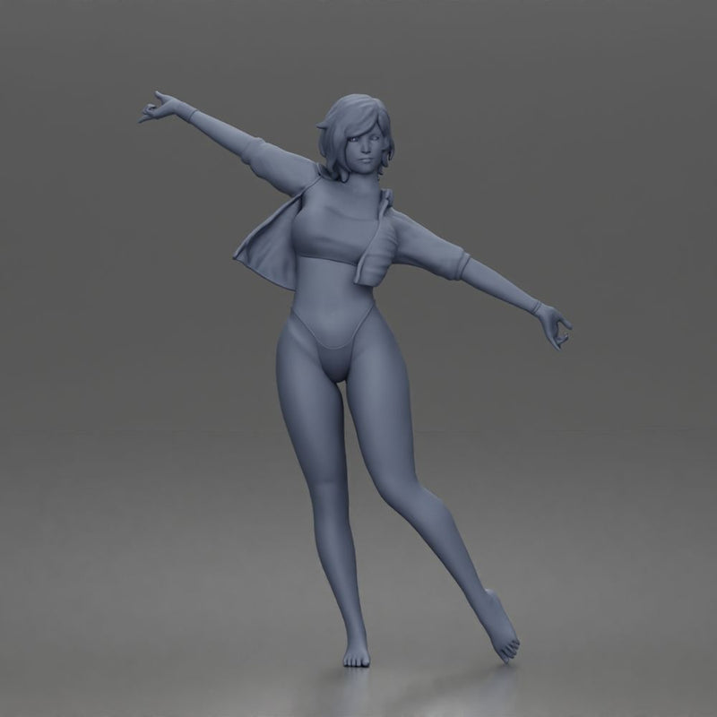 Woman dances balancing wearing crop top jacket bikini bottoms barefoot - Only-Games