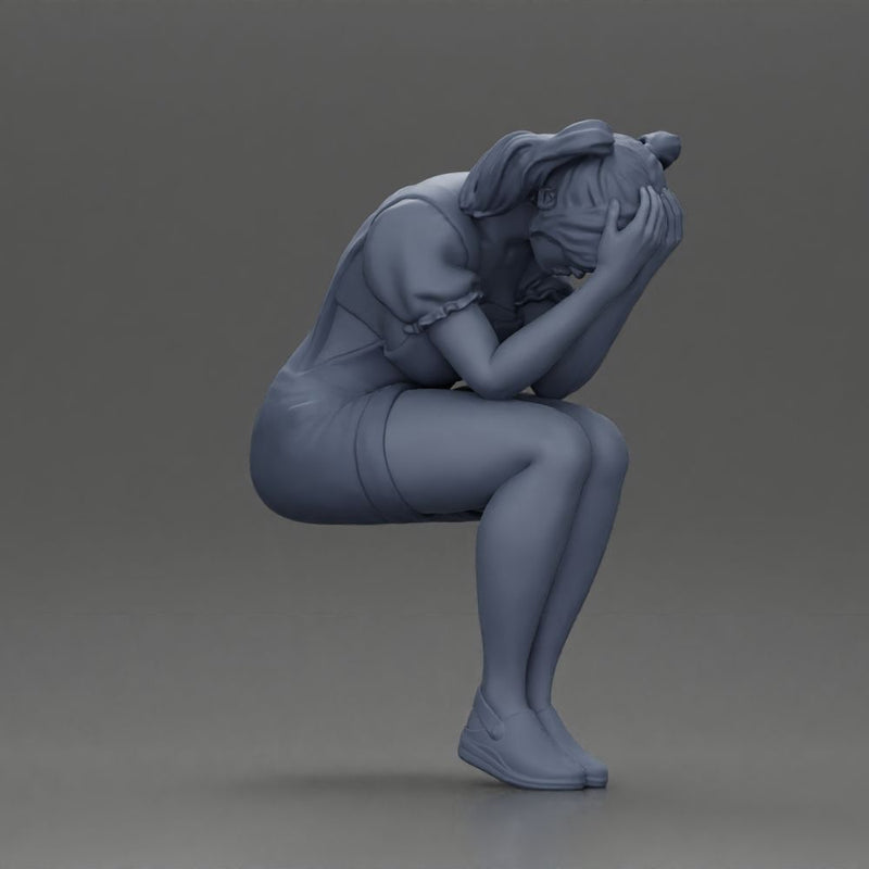 Crying girl sitting low in orange dress with head in hands - Only-Games