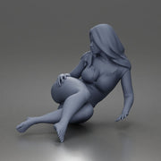 Woman lounges sideways wearing plunging bodysuit hair flowing barefoot relaxed - Only-Games