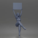 Woman Holding Blank Sign Overhead Seated Pose Crop Top Leggings Thigh High Boots