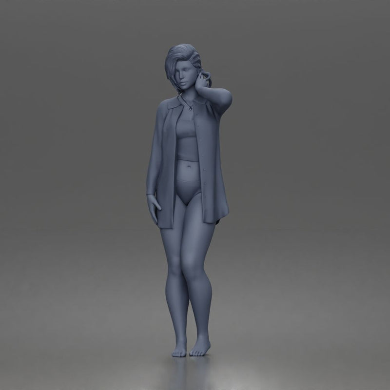 Relaxed morning woman character standing pose in open shirt loungewear outfit - Only-Games