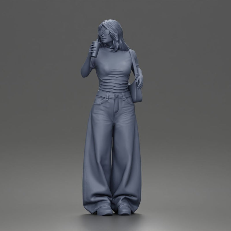 Standing Drinking In Tee Wide-Leg Jeans Sunglasses Bag And Sneakers