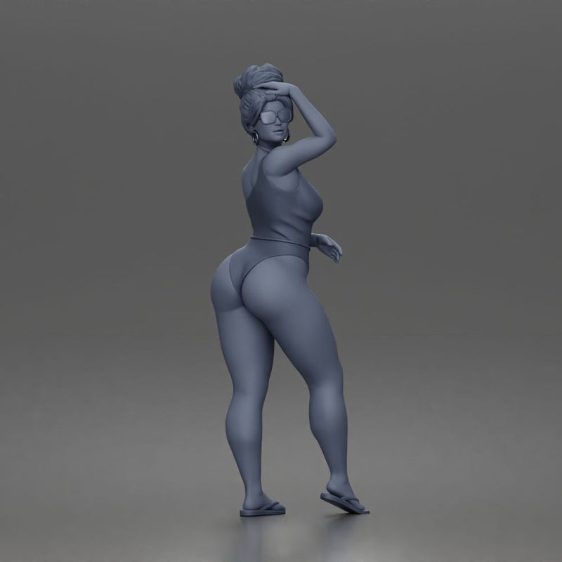 Standing woman shields eyes wearing swimsuit sunglasses earrings flip flops