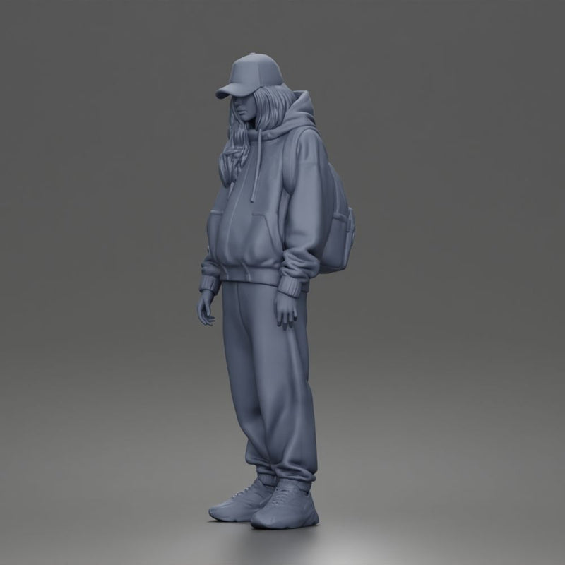 Chill Hooded Cap Walker Posing with Backpack Pants and Sneakers