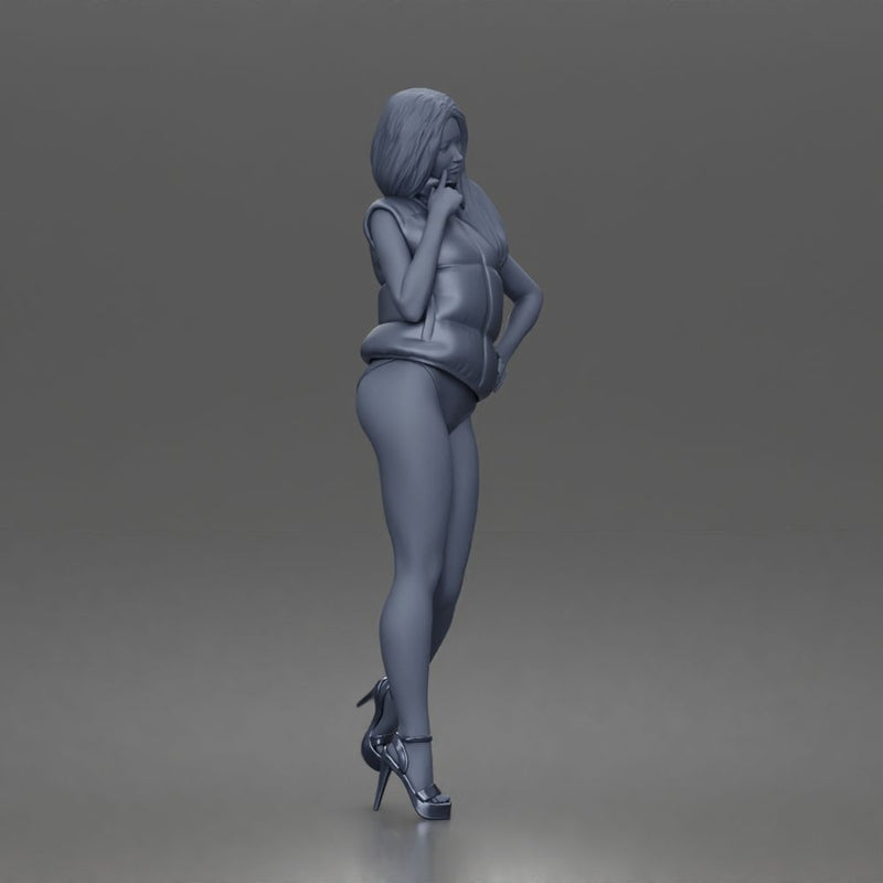 Woman poses flirtatiously wearing puffer vest bikini bottoms heeled sandals - Only-Games