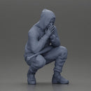 Gangster crouching low in green hoodie holding bat planning move - Only-Games