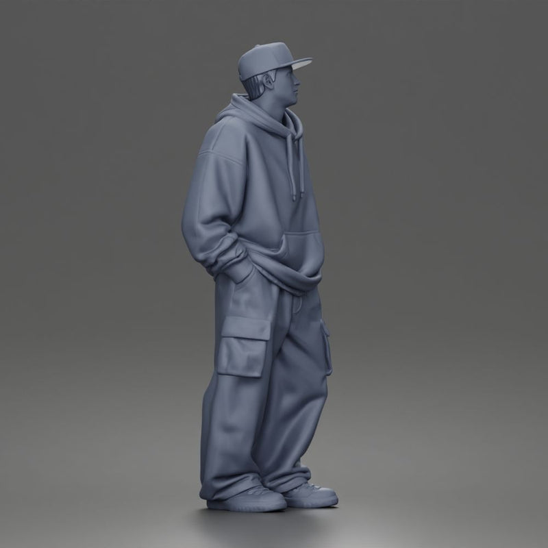 Relaxed Hooded Cap Poser Standing in Cargo Pants and Sneakers