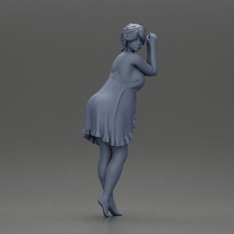 Barefoot woman in red nighty dress strikes a graceful elegant pose - Only-Games