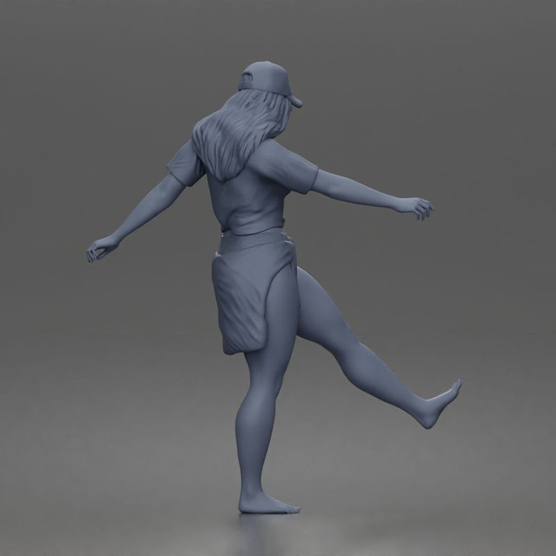 Surfer woman practices balancing in her shirt cap and skirt - Only-Games