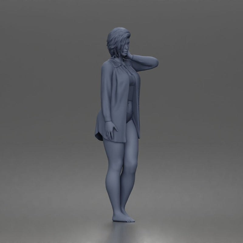 Relaxed morning woman character standing pose in open shirt loungewear outfit - Only-Games