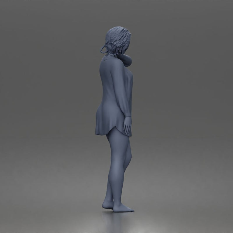 Relaxed morning woman character standing pose in open shirt loungewear outfit - Only-Games