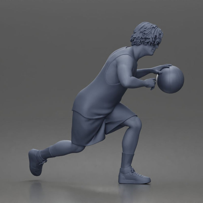 Basketball player drives forward dribbling ball wearing sleeveless jersey shorts socks sneakers - Only-Games