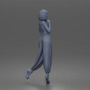 Woman poses thoughtfully lifting heel wearing halter jumpsuit with platform heels - Only-Games