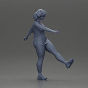 Woman in casual outfit joyfully kicks her leg with energy - Only-Games